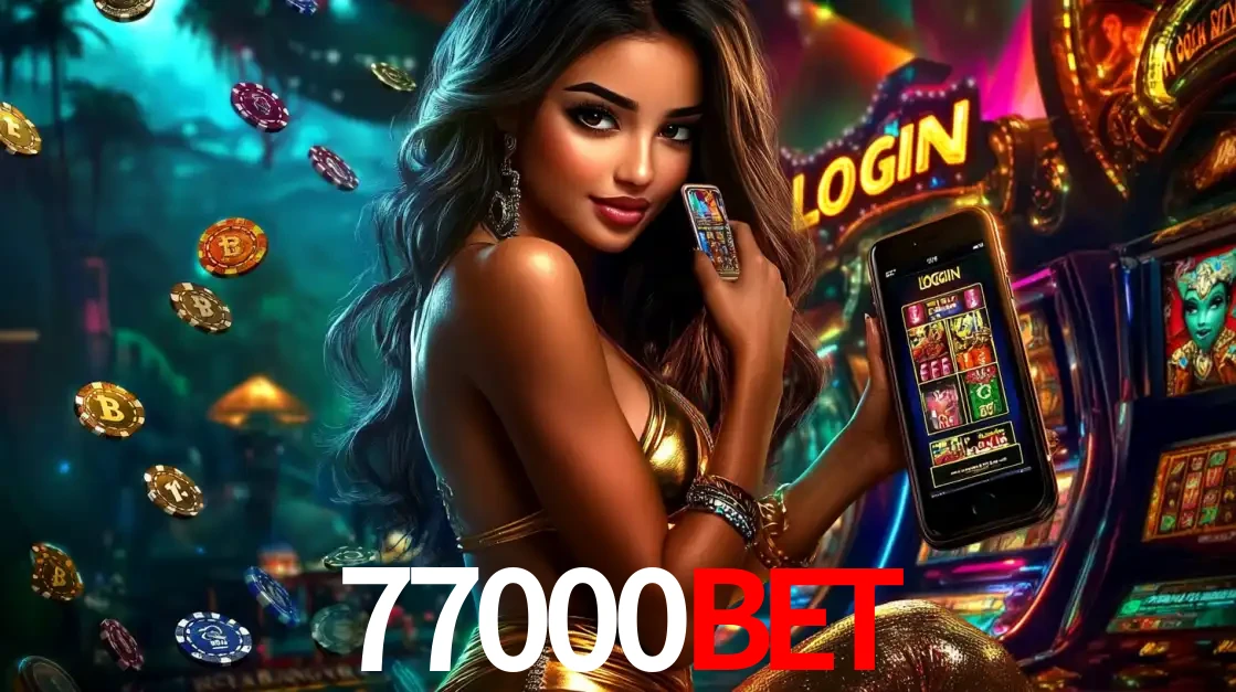 Mulher em um cenário de cassino temático de aventura, mostrando o app de caça-níqueis da 77000bet no celular. Fichas de apostas flutuam ao redor.