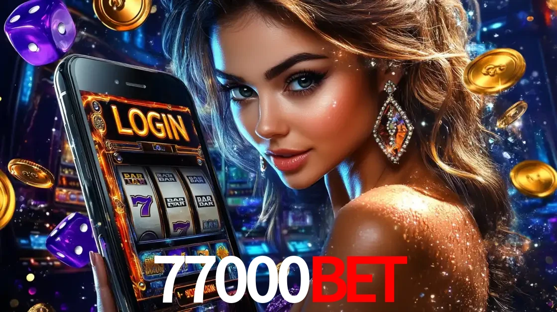 Mulher glamorosa segurando um smartphone com a tela de login para os jogos de caça-níqueis do cassino online 77000bet, com moedas de ouro e dados ao redor.