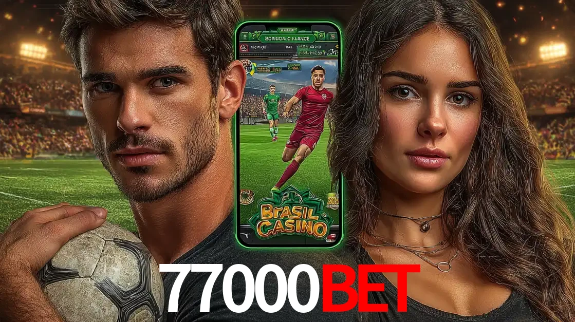 Homem segurando uma bola de futebol e uma mulher ao lado de um smartphone exibindo o jogo de apostas esportivas da 77000bet. Faça seu palpite no cassino online.